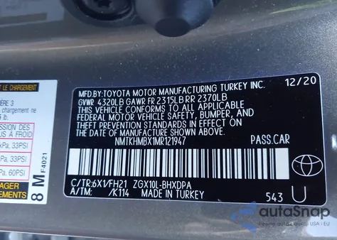 2021 Toyota C-Hr Le z USA, uszkodzony, nr VIN NMTKHMBX1MR121947